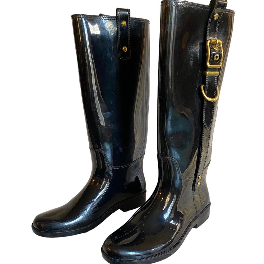 Coach Black Rubber Boots Gold Buckle Knee High 9 Concert classic statment